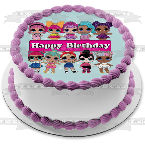 LOL Surprise Feliz cumpleaños Maestra mascota Splash Queen Sugar Spice Glitter Queen Sugar Queen Genie Shorty Purple Queen Edible Cake Topper Imagen ABPID50956 