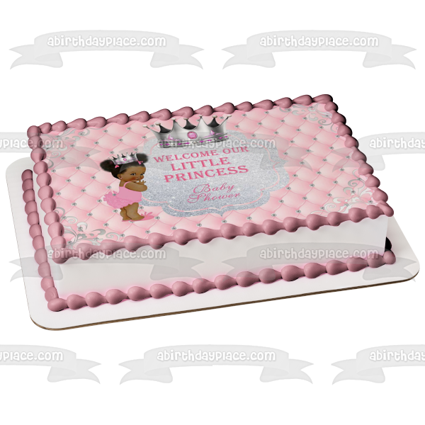 Bienvenido a nuestra pequeña princesa Afro Puff Baby Shower adorno comestible para tarta imagen ABPID00735 