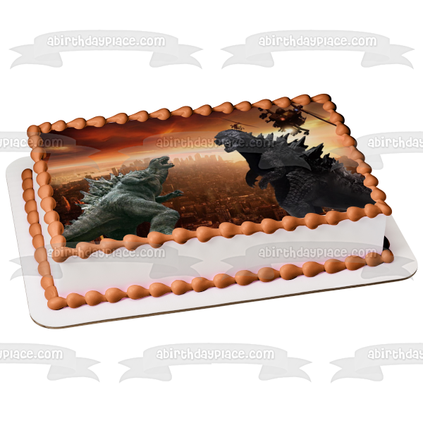 Godzilla King of the Monsters Two Godzillas Fighting Helicopters Edible Cake Topper Image ABPID00738