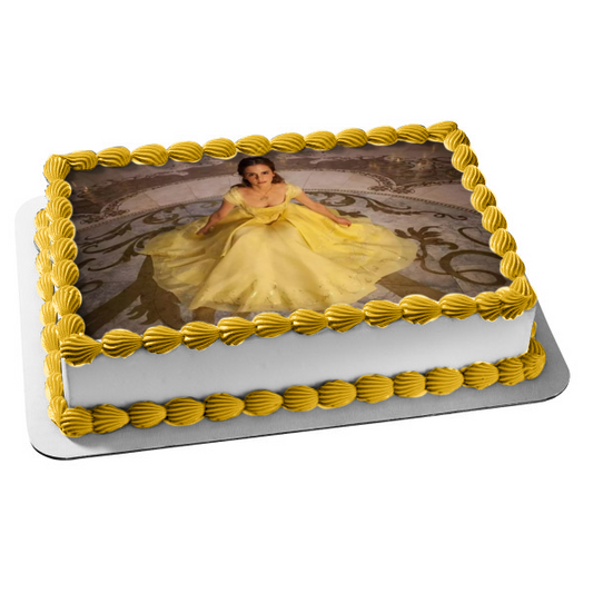 Adorno comestible para tarta con vestido amarillo de Bella y la Bestia, imagen ABPID00743 