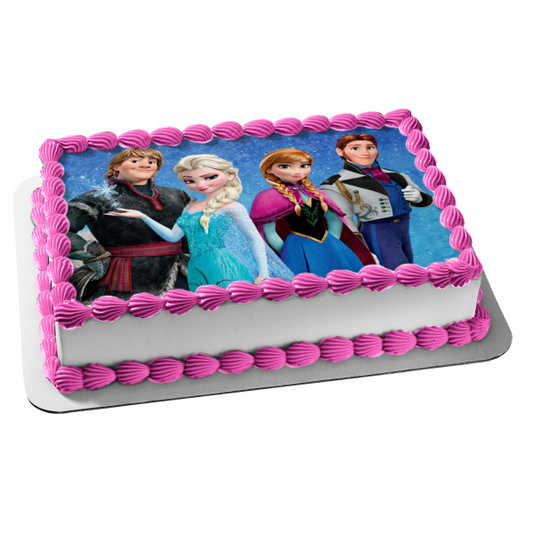 Frozen Elsa Anna Hans Kristoff Snowy Background Edible Cake Topper Image ABPID00767