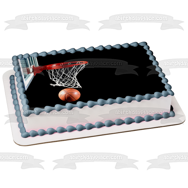 Portería de baloncesto con baloncesto sobre fondo negro Imagen comestible para decoración de tarta ABPID00783 