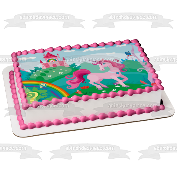 Unicorn with Rainbow Coloring Book Pink Castle Edible Cake Topper Image ABPID00820