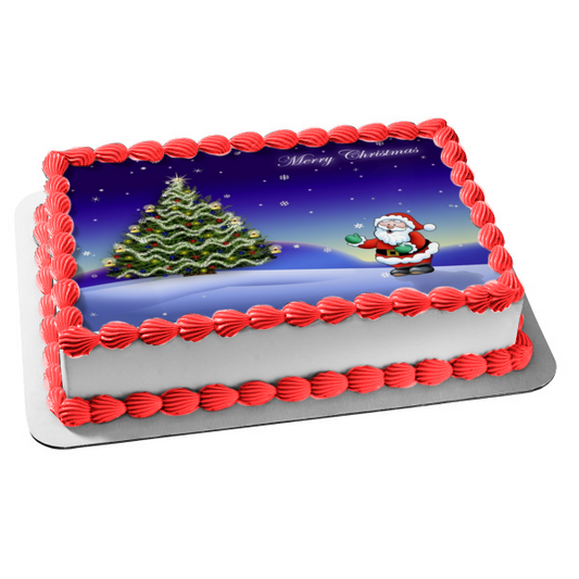 Feliz Navidad árbol decorado Papá Noel copos de nieve adorno comestible para tarta imagen ABPID08811 