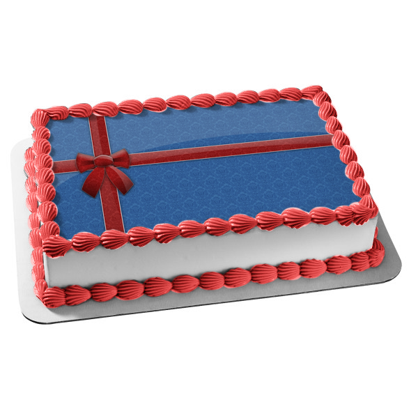 Christmas Present Blue with Red Ribbon Bow Edible Cake Topper Image ABPID50698