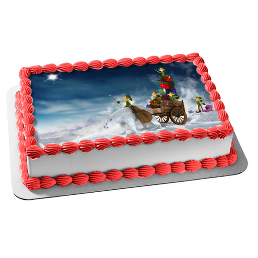 Adorno comestible para tarta con oso polar, elfos de Papá Noel, Navidad, imagen ABPID50699 