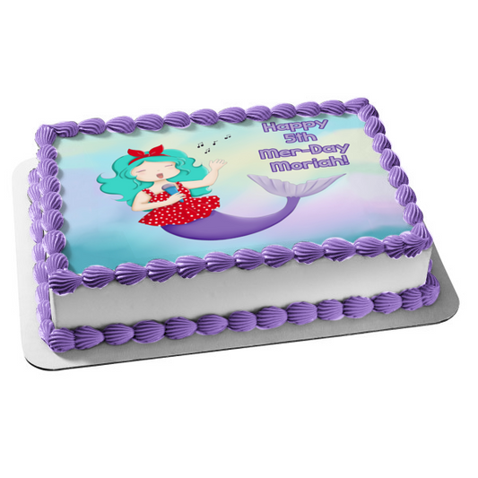 Mermaid Singing Happy 5th Mer-Day Personalized Name Edible Cake Topper Image ABPID51078