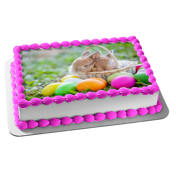 Happy Easter Easter Bunnies In Basket Easter Eggs Edible Cake Topper Image ABPID51208