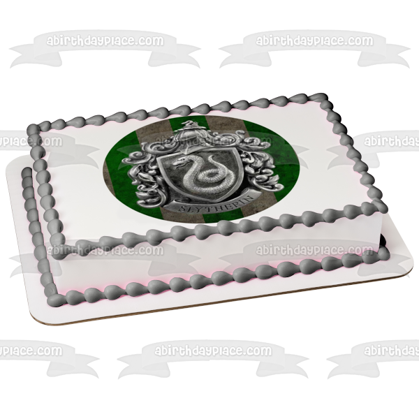 Harry Potter Slytherin Escudo plateado Fondo de rayas verdes Imagen comestible para decoración de tarta ABPID27814 