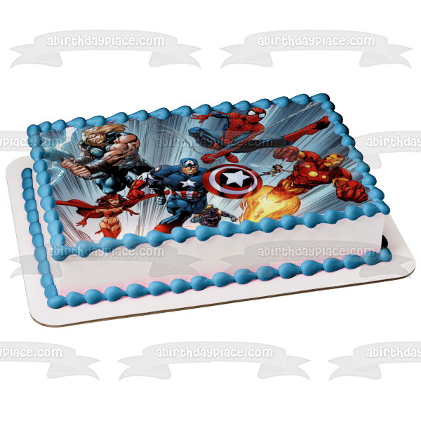 Marvel Comics The Avengers Captain America Iron Man Thor Spider-Man Rushing Into Battle Edible Cake Topper Image ABPID09266