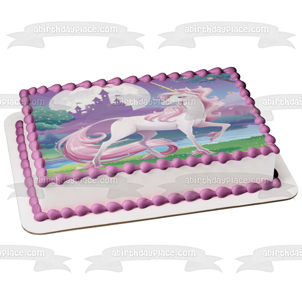 Imagen comestible para tarta con diseño de castillo de unicornio, árboles, luna, ABPID21922 