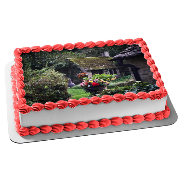 Village Home Surrounded by Flowers and Trees Edible Cake Topper Image ABPID52566