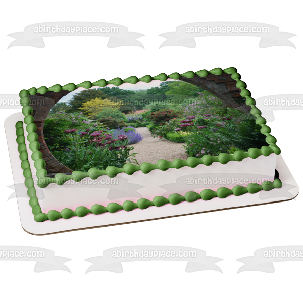 Adorno comestible para tarta con paisaje de flores y árboles, imagen ABPID52584 