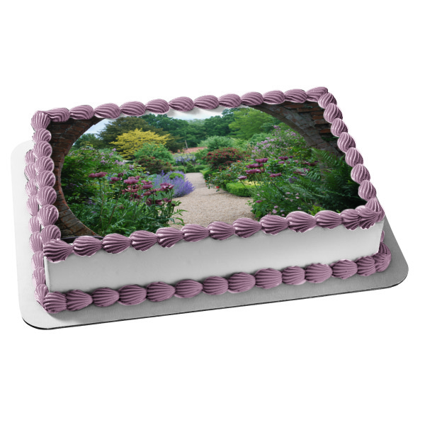 Adorno comestible para tarta con paisaje de flores y árboles, imagen ABPID52584 