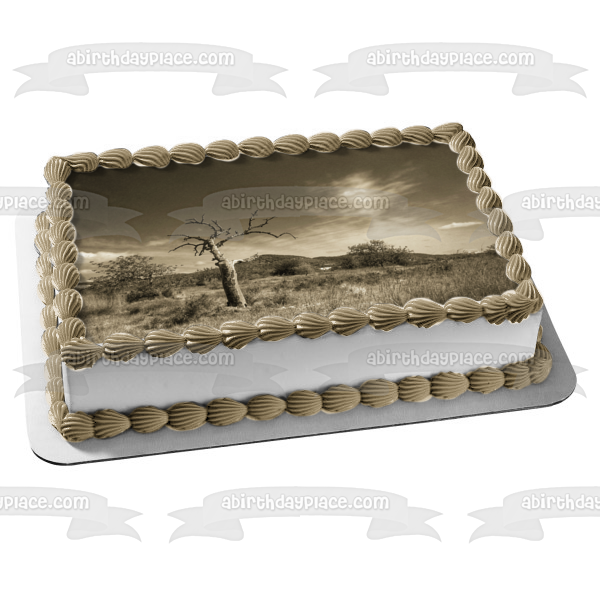 Adorno comestible para tarta con paisaje sombrío en tono sepia de árboles, imagen ABPID52589 