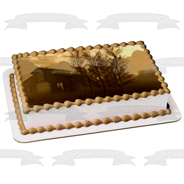 Decoración comestible para tarta con diseño de casa de granja, árboles y montañas, imagen ABPID52604 