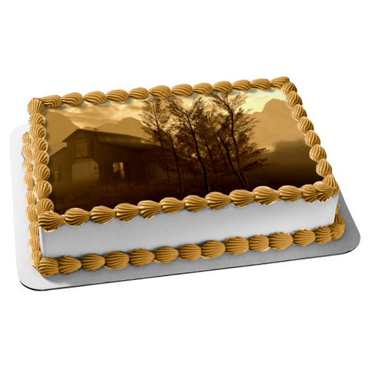 Decoración comestible para tarta con diseño de casa de granja, árboles y montañas, imagen ABPID52604 