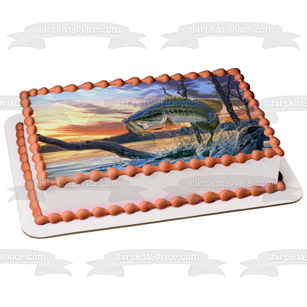 Bass Fishing Fish Out of Water Sunset Edible Cake Topper Image ABPID04589