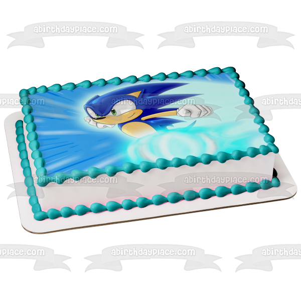 Imagen comestible para decoración de tarta de Sonic the Hedgehog corriendo y un fondo azul ABPID07955 