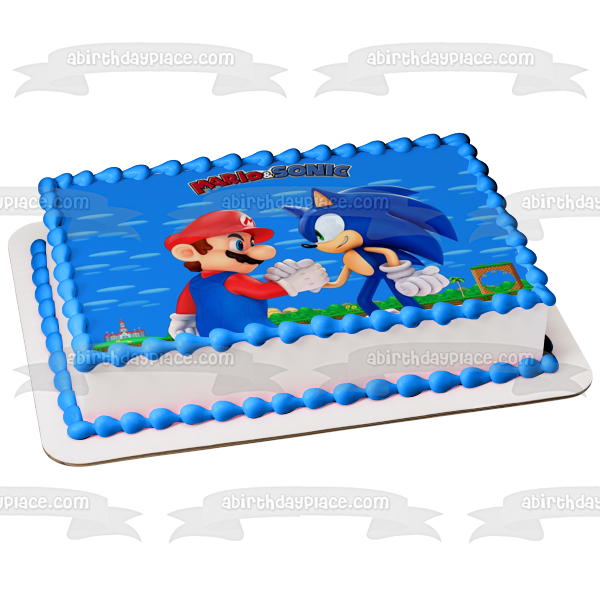 Super Mario Sonic the Hedgehog estrechando la mano adorno comestible para tarta imagen ABPID27464 