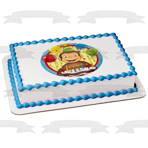 Jorge el Curioso Feliz Cumpleaños Pastel Fiesta Sombrero y Globos Imagen comestible para pastel ABPID07669 