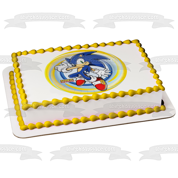 Logotipo de Sonic the Hedgehog Sonic con un fondo en espiral amarillo y azul Imagen comestible para decoración de tarta ABPID04706 