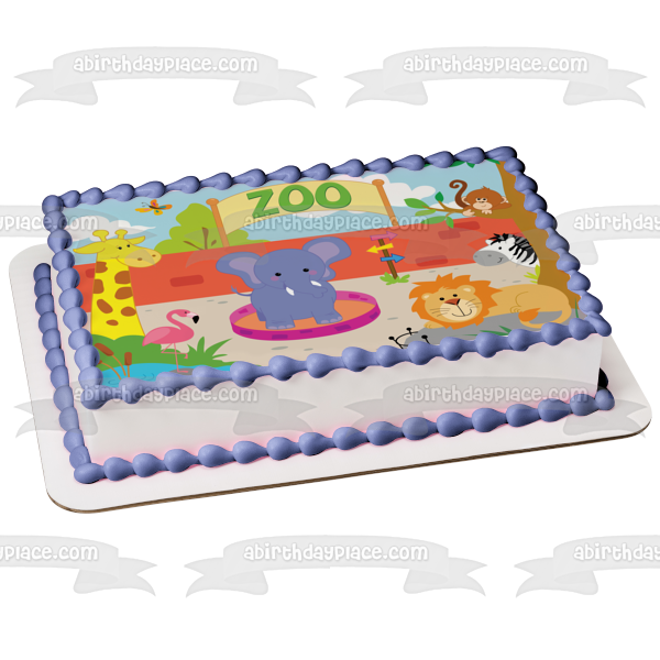 Zoo Banner Animals Giraffe Elephant Flamingo Lion Zebra Monkey Buttefly Edible Cake Topper Image ABPID13223