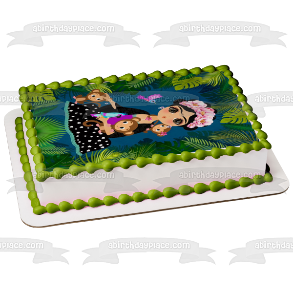 Adorno comestible para tarta con diseño de monos y pájaros de la selva de Frida Kahlo, imagen ABPID00902 