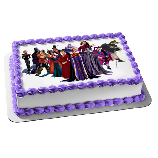 Disney Villian Cruella De Ville Ursula Scar Maleficent Jafar Captain Hook Stepmother Governor Ratcliffe Evil Queen Gaston Edible Cake Topper Image ABPID00922