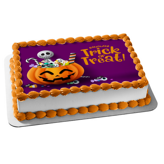 Trick or Treat Happy Halloween Skeleton Jack-O-Lantern Candy Edible Cake Topper Image ABPID52687