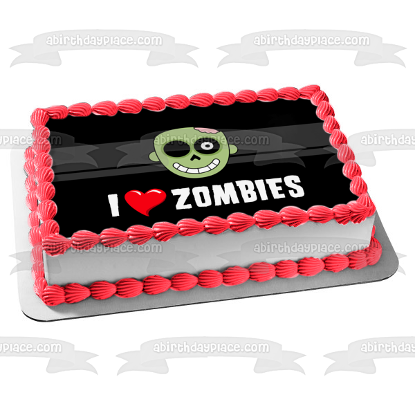 Imagen comestible para decoración de tarta con texto en inglés "I Love Zombies Happy Halloween" ABPID52699 