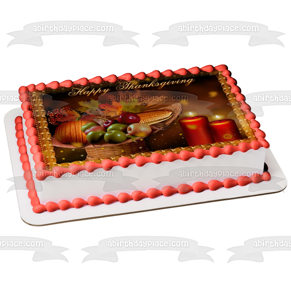 Happy Thanksgiving Pumpkin Apples Fall Colored Leaves Candles Corn Cobs Edible Cake Topper Image ABPID52717