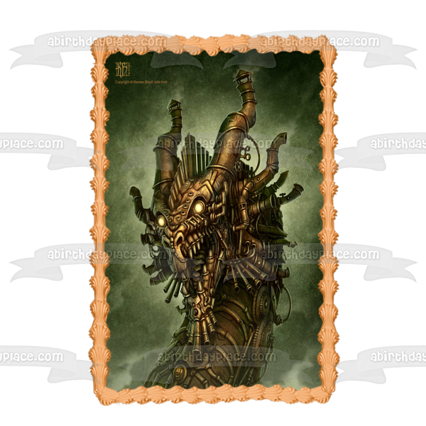 Steampunk Dragon Art SciFi Gears Robot Clockwork Mechanical Edible Cake Topper Image ABPID52738