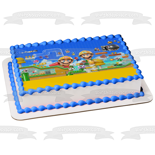 Super Mario Maker 2 Luigi and Mario Personalizable Video Game Edible Cake Topper Image ABPID52760