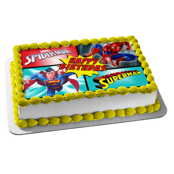 Marvel DC Superman Spider-Man Comic Super Hero Happy Birthday Edible Cake Topper Image ABPID52902