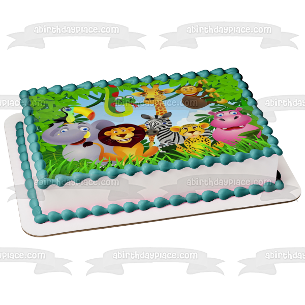 Animales de safari en la selva, elefante, serpiente, mono, jirafa, cebra, leopardo, león, hipopótamo y un tucán, decoración comestible para tarta, imagen ABPID03488 