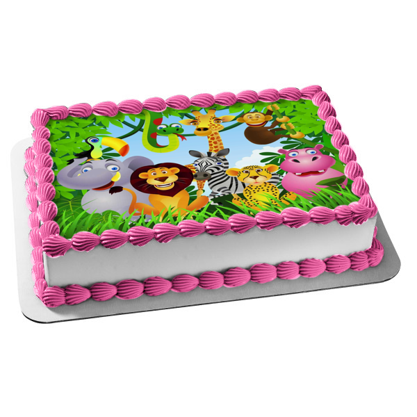 Jungle Safari Animals Elephant Snake Monkey Giraffe Zebra Leapord Lion Hippopotamus Toucan Edible Cake Topper Image ABPID03488