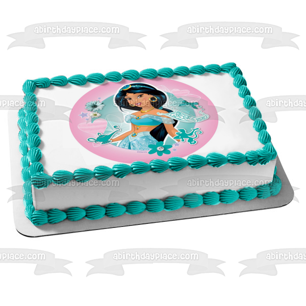 Princesa Disney Jasmine Aladdin Flores Corazones Fondo Rosa Adorno Comestible Para Pastel Imagen ABPID21893 