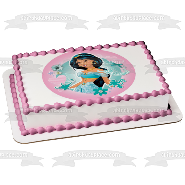 Princesa Disney Jasmine Aladdin Flores Corazones Fondo Rosa Adorno Comestible Para Pastel Imagen ABPID21893 