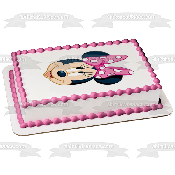 Adorno comestible para tarta con lazo rosa y cara de Minnie Mouse, imagen ABPID50419 