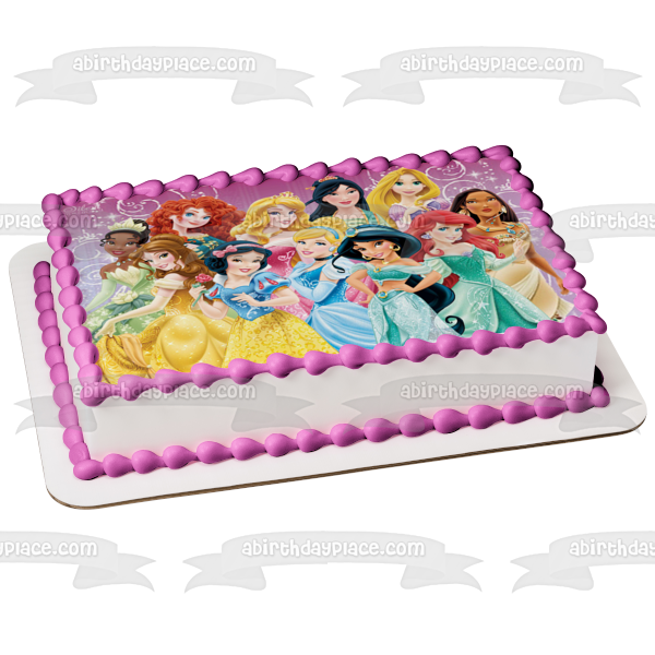 Princesses Cinderella Belle Ariel Snow White Jasmine Aurora Mulan Pocahontas Merida and Tiana Edible Cake Topper Image ABPID05566