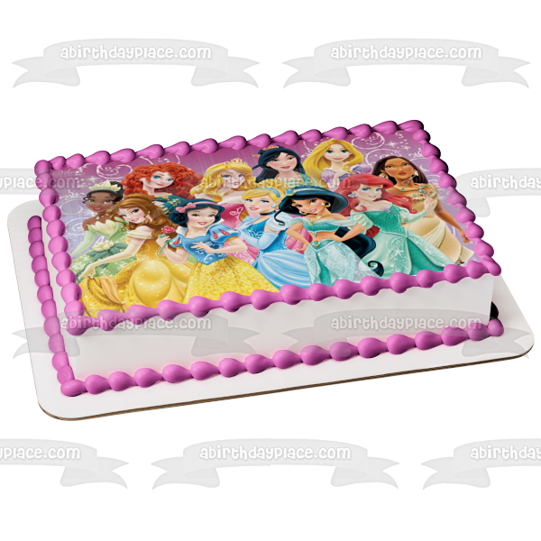Disney Princess Snow White, Cinderella, Aurora, Ariel, Belle, Jasmine, Pocahontas, Mulan, Tinker Bell Edible Image Photo 1/4 Quarter Sheet Cake Topper