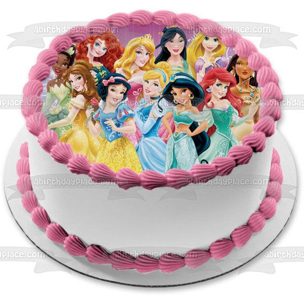 Princesses Cinderella Belle Ariel Snow White Jasmine Aurora Mulan Pocahontas Merida and Tiana Edible Cake Topper Image ABPID05566