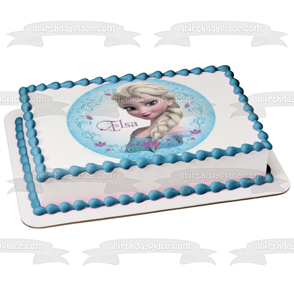 Imagen comestible para decoración de tarta comestible de Elsa de Frozen rodeada de flores moradas ABPID07961 