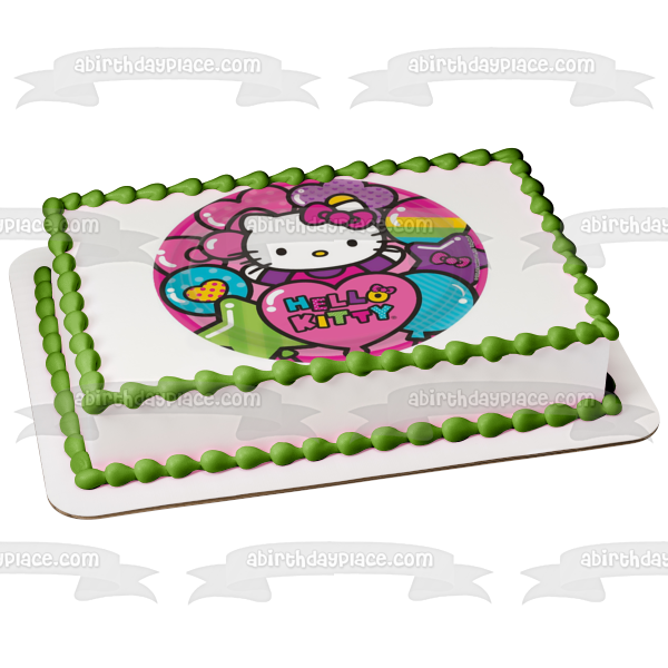 Hello Kitty Corazones Globos Estrellas Flores Adorno comestible para tarta Imagen ABPID25014 