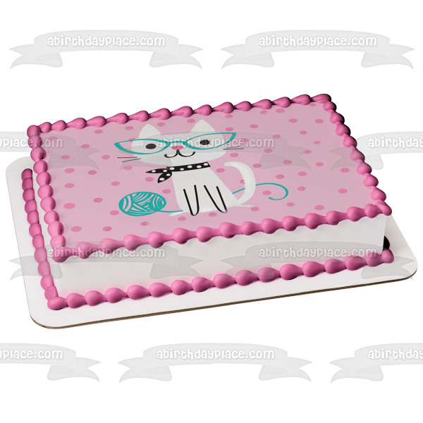 Cute Purrfect Cat Pink and Teal Polka Dots Kitty Happy Birthday Edible Cake Topper Image ABPID50264