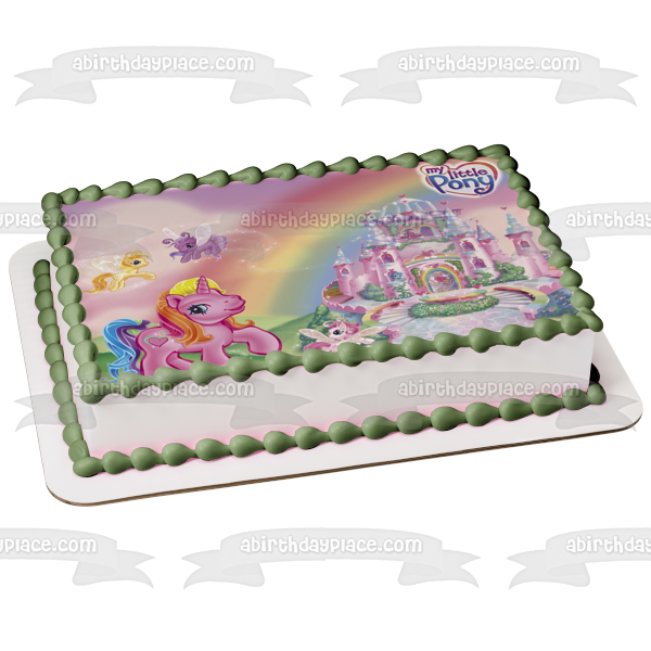 Adorno comestible para tarta con castillo rosa y ponis de My Little Pony, imagen ABPID01005 