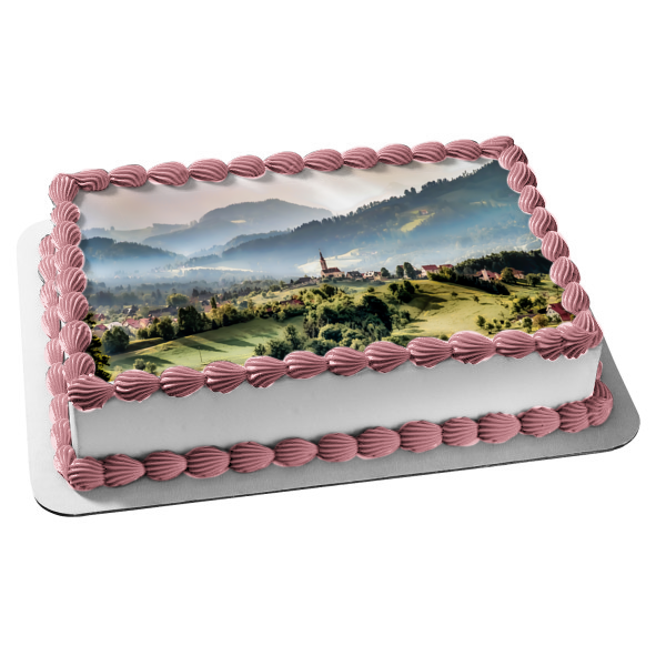 Town Surrounded by Mountains Edible Cake Topper Image ABPID52932