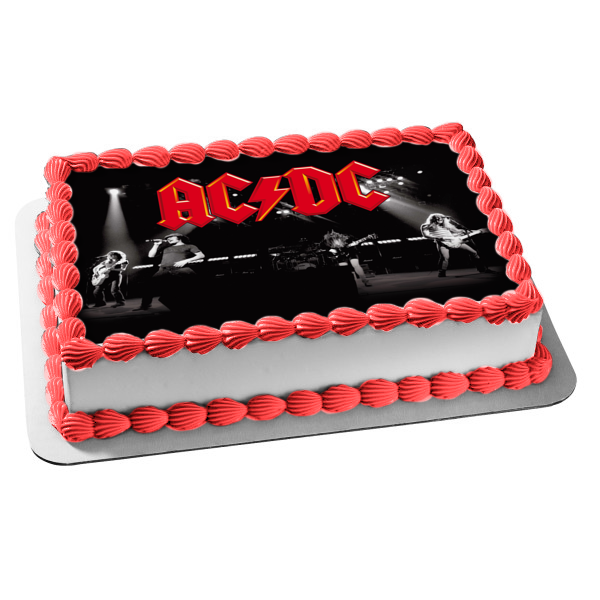 AC/DC Red Logo Rock Band Singing Playing Instruments Black and White Edible Cake Topper Image ABPID01224