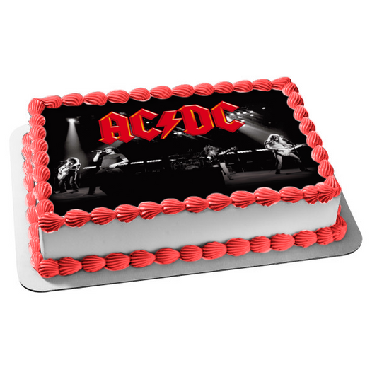 AC/DC Red Logo Rock Band Singing Playing Instruments Black and White Edible Cake Topper Image ABPID01224